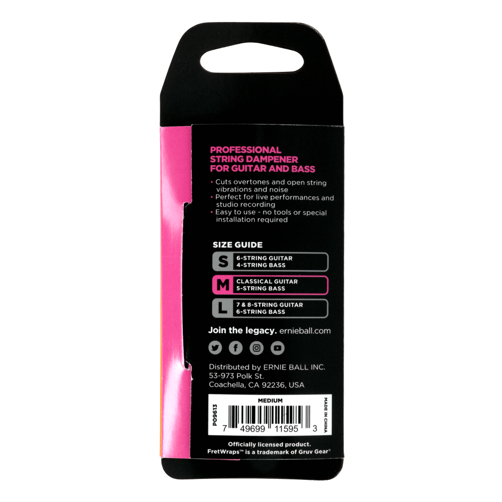 Pink and black packaging of a guitar string damper with text on a white background