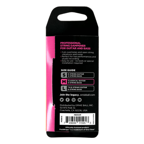 Pink and black packaging of a guitar string damper with text on a white background