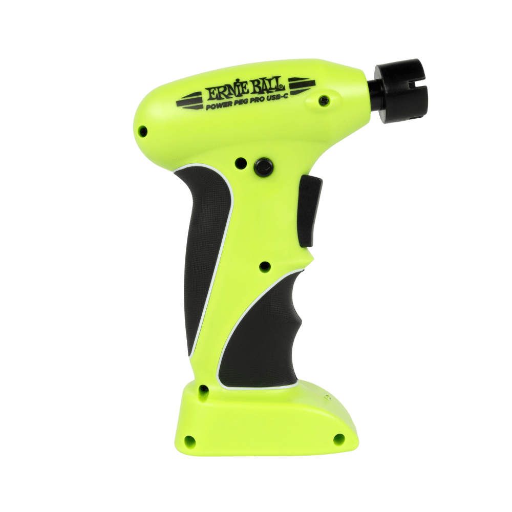 Ernie Ball green powered guitar string winder on a white background