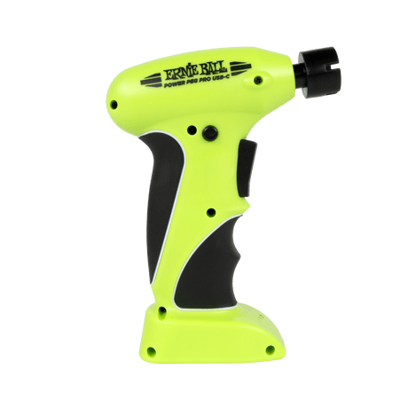 Ernie Ball green powered guitar string winder on a white background
