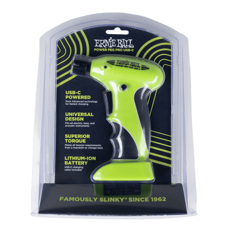 Ernie Ball Power Peg Pro USB-C packaging with a green tool inside