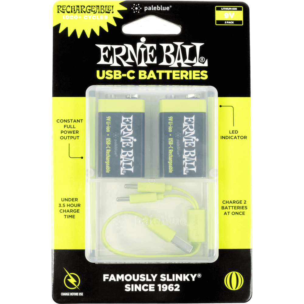 Ernie Ball USB-C 9V batteries packaging with clear window