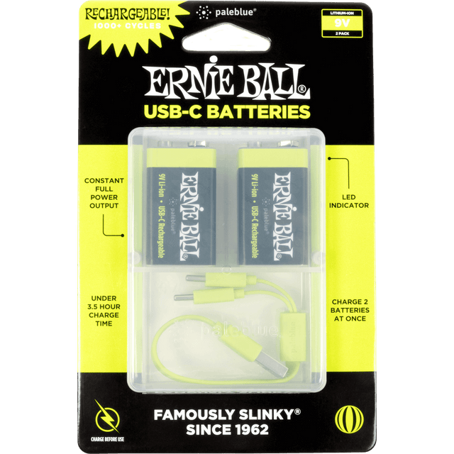 Ernie Ball USB-C 9V batteries packaging with clear window
