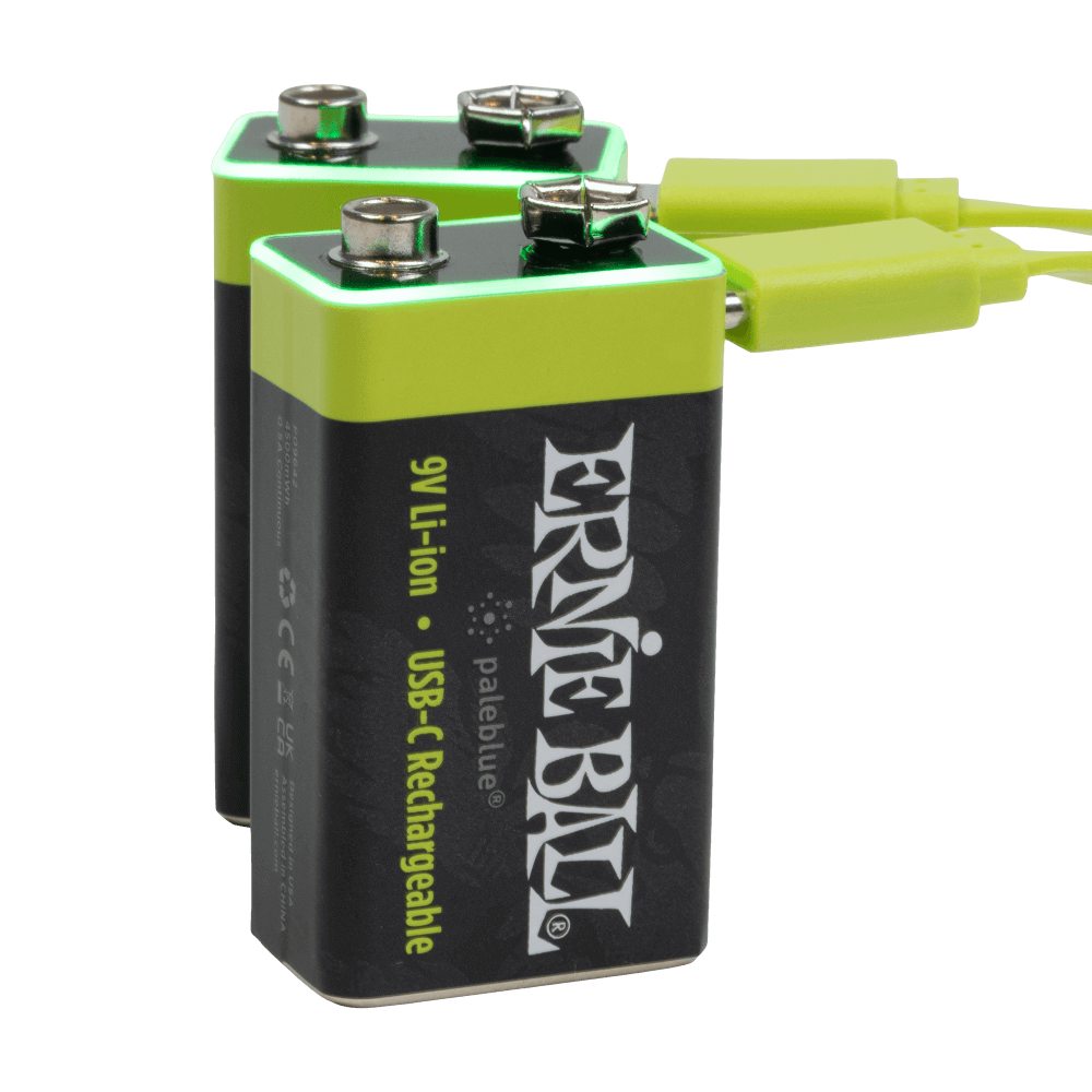 Two Ernie Ball lithium-ion rechargeable 9V batteries with USB-C cables on a black background.