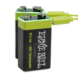 Two Ernie Ball lithium-ion rechargeable 9V batteries with USB-C cables on a black background.