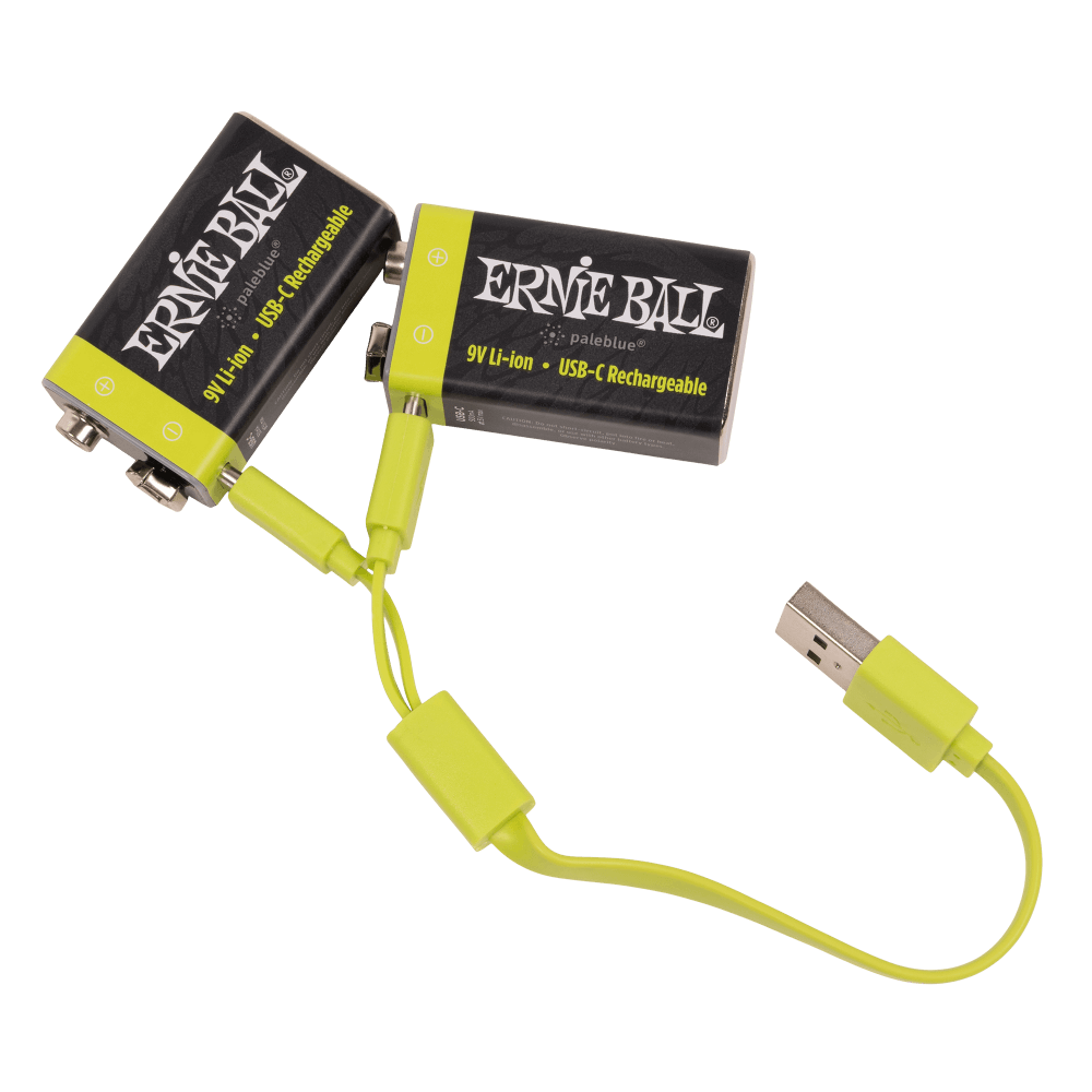 Ernie Ball rechargeable 9V batteries with USB cable on a black background