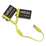 Ernie Ball rechargeable 9V batteries with USB cable on a black background