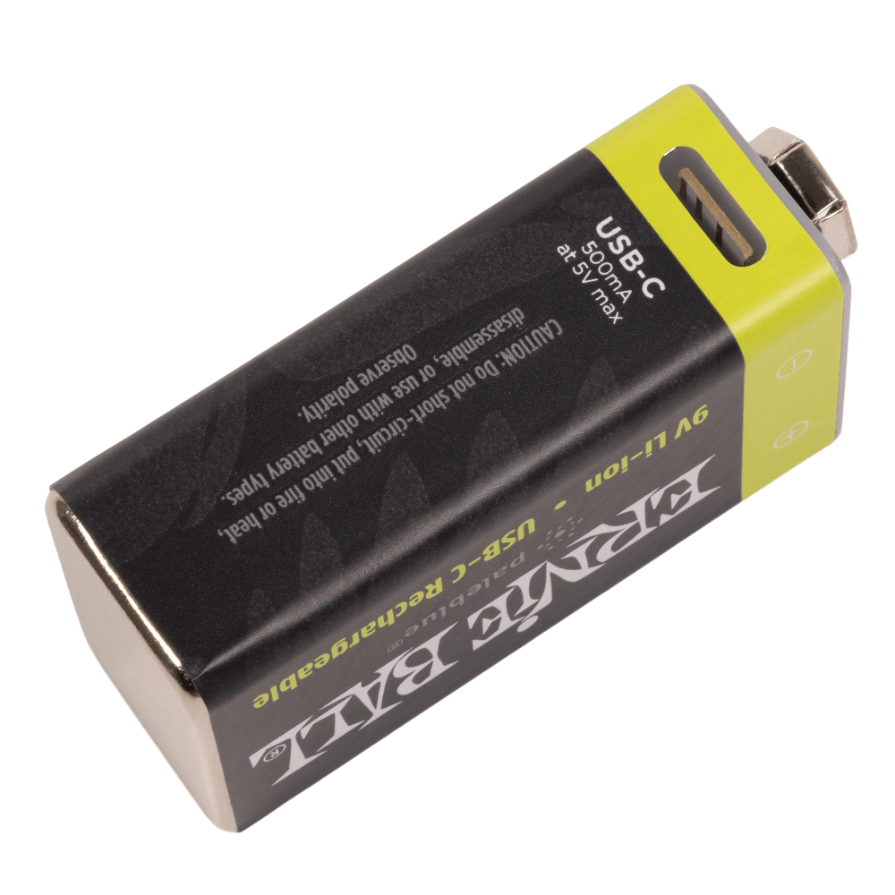 Ernie Ball 9V Battery with USB-C port on a black background