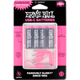 Ernie Ball USB-C AA batteries packaging with four batteries and a charger on a pink and black background.
