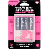 Ernie Ball USB-C AA batteries packaging with four batteries and a charger on a pink and black background.