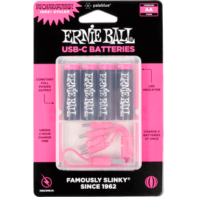 Ernie Ball USB-C AA batteries packaging with four batteries and a charger on a pink and black background.