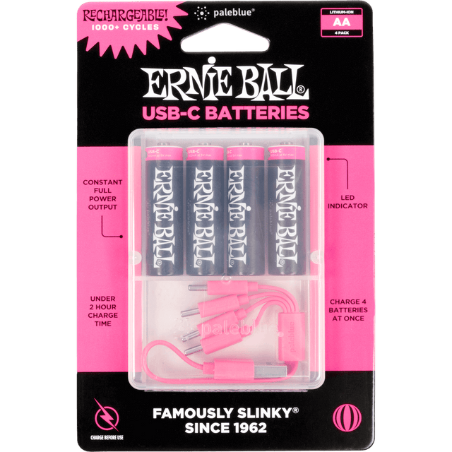 Ernie Ball USB-C AA batteries packaging with four batteries and a charger on a pink and black background.