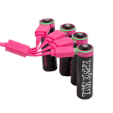Ernie Ball rechargeable USB-C AA batteries with USB-C charging cable connected to batteries