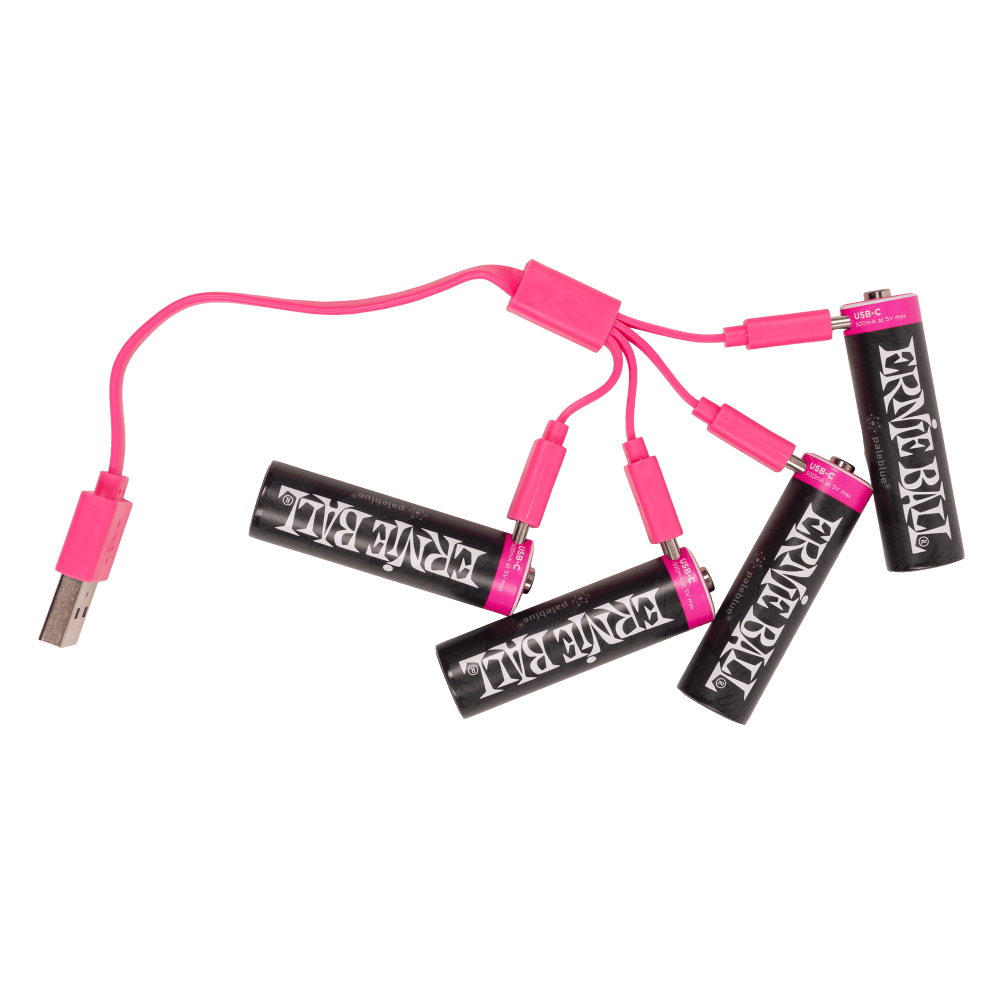 Ernie Ball USB-C rechargeable AA batteries with USB-C cable connected