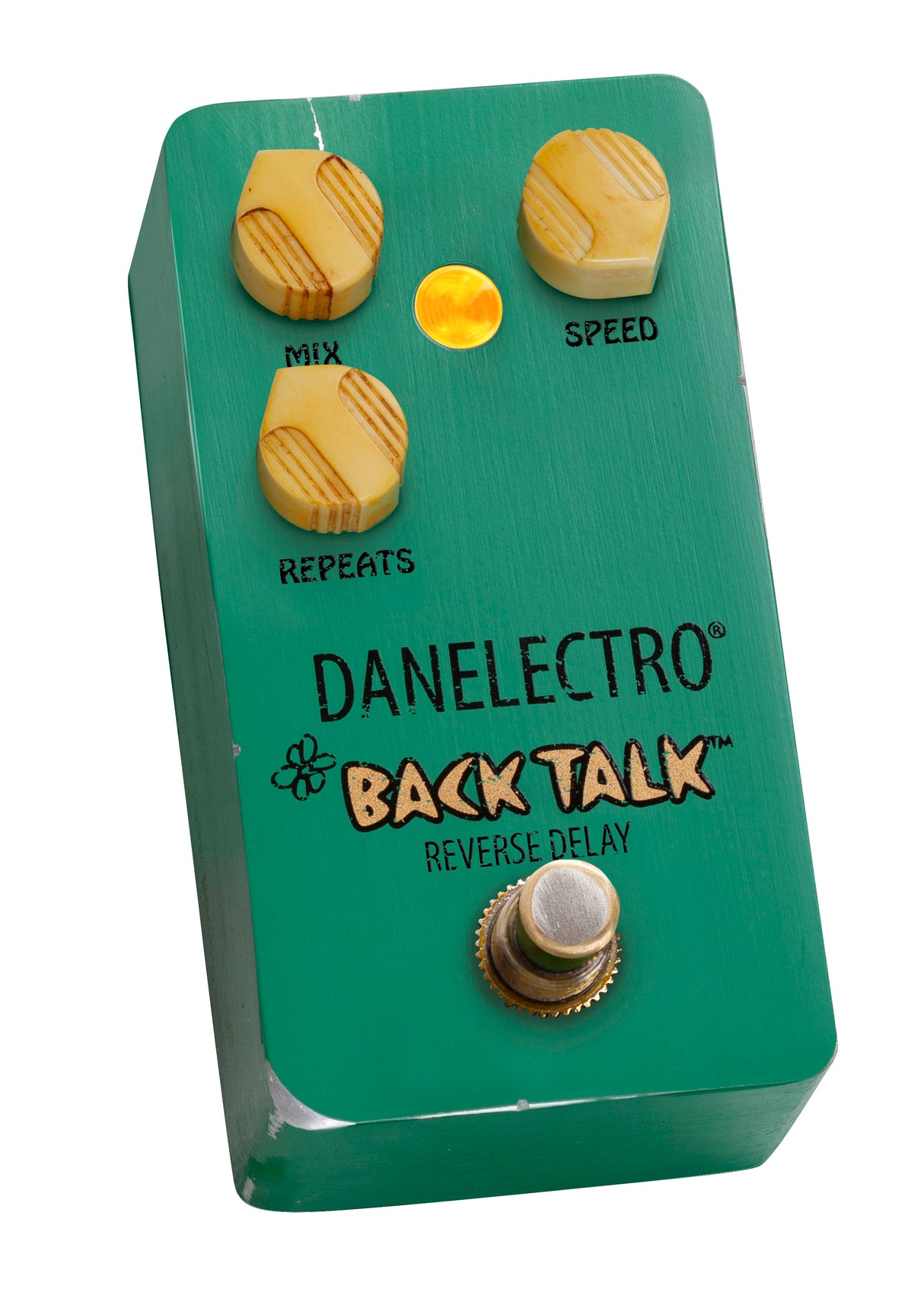 The image shows a Danelectro "Back Talk" reverse delay guitar effects pedal. It has a compact turquoise metal housing with three cream-topped knobs labeled "MIX," "SPEED," and "REPEATS," a yellow LED indicator, a metal footswitch, and branding with "BACK TALK" and "REVERSE DELAY" text. This pedal creates a reverse delay effect, adding atmospheric echoes to a guitar signal chain.