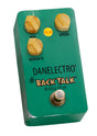 The image shows a Danelectro "Back Talk" reverse delay guitar effects pedal. It has a compact turquoise metal housing with three cream-topped knobs labeled "MIX," "SPEED," and "REPEATS," a yellow LED indicator, a metal footswitch, and branding with "BACK TALK" and "REVERSE DELAY" text. This pedal creates a reverse delay effect, adding atmospheric echoes to a guitar signal chain.