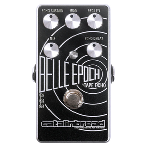 The image shows the Catalinbread Belle Epoch Tape Echo, a compact guitar stompbox pedal that emulates vintage tape echo effects. It has five knobs—Echo Sustain, Mod (modulation), Reg Lev, Mix (dry/wet blend), and Echo Delay—plus a footswitch and status LEDs. With a black finish and white graphics, it offers classic echo sounds reminiscent of 1960s-70s tape echo machines like the Echoplex.