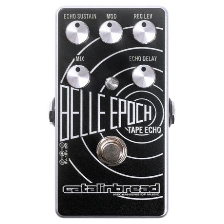 The image shows the Catalinbread Belle Epoch Tape Echo, a compact guitar stompbox pedal that emulates vintage tape echo effects. It has five knobs—Echo Sustain, Mod (modulation), Reg Lev, Mix (dry/wet blend), and Echo Delay—plus a footswitch and status LEDs. With a black finish and white graphics, it offers classic echo sounds reminiscent of 1960s-70s tape echo machines like the Echoplex.