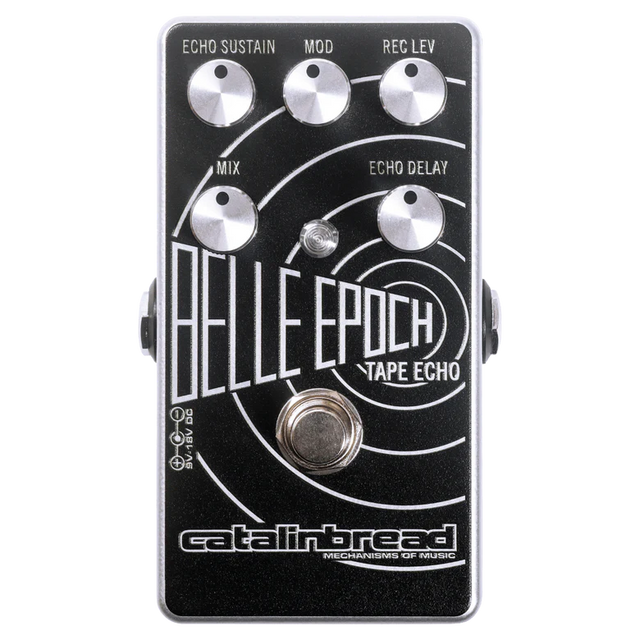 The image shows the Catalinbread Belle Epoch Tape Echo, a compact guitar stompbox pedal that emulates vintage tape echo effects. It has five knobs—Echo Sustain, Mod (modulation), Reg Lev, Mix (dry/wet blend), and Echo Delay—plus a footswitch and status LEDs. With a black finish and white graphics, it offers classic echo sounds reminiscent of 1960s-70s tape echo machines like the Echoplex.