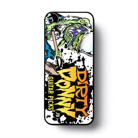 Guitar pick tin with colorful art and Dirty Donny branding
