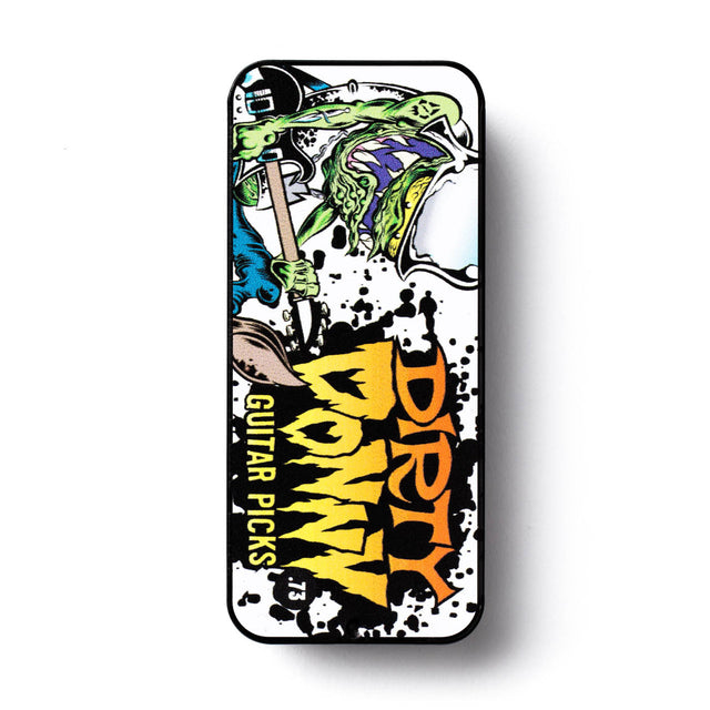 Guitar pick tin with colorful art and Dirty Donny branding