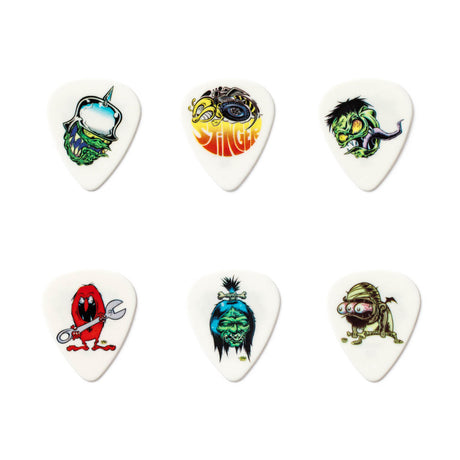 Set of six colorful guitar picks with unique designs on a white background