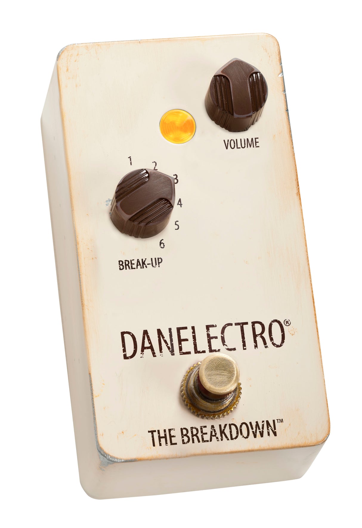 The image shows a cream-colored Danelectro guitar effects pedal called "The Breakdown" with a vintage look and some wear. It has a "Volume" knob on the upper right, a numbered "Break-up" knob on the left, an amber LED light, and a footswitch at the bottom. This compact, single-pedal unit is likely an overdrive/distortion effect designed to add grit and breakup, emulating an overdriven tube amp sound.