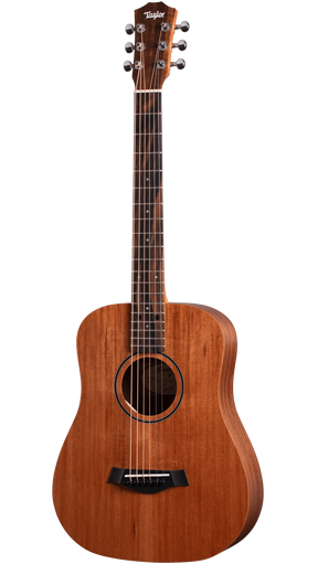 The image shows a Taylor dreadnought-style acoustic guitar with a natural reddish-brown wood finish. It features a 6-string steel setup, chrome tuning pegs, black bridge, traditional soundhole with a simple rosette, and a fretboard with dot markers. The classic dreadnought body highlights Taylor’s quality craftsmanship and balanced tone typical of their reliable, solid wood acoustic guitars.