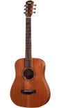 The image shows a Taylor dreadnought-style acoustic guitar with a natural reddish-brown wood finish. It features a 6-string steel setup, chrome tuning pegs, black bridge, traditional soundhole with a simple rosette, and a fretboard with dot markers. The classic dreadnought body highlights Taylor’s quality craftsmanship and balanced tone typical of their reliable, solid wood acoustic guitars.