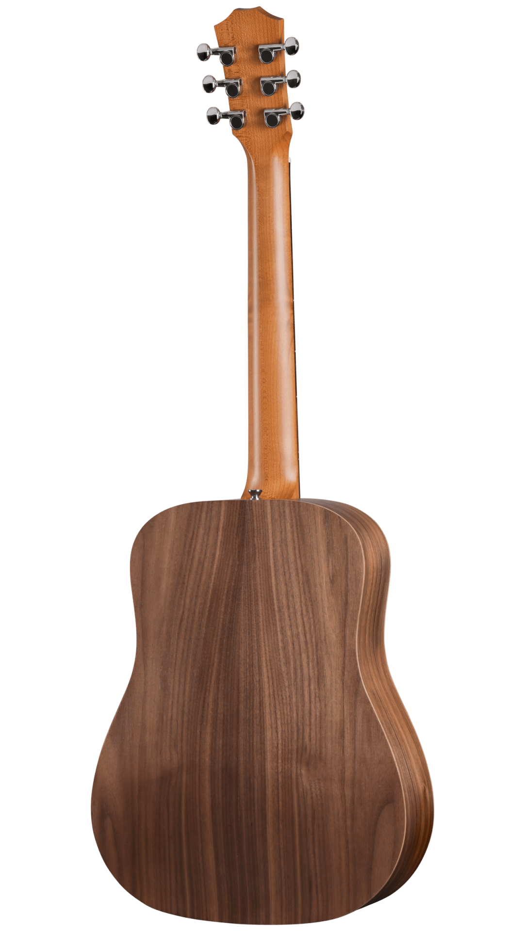 The image shows the back view of a steel-string acoustic guitar with a dreadnought-style body made of dark wood, likely walnut or mahogany. It features a lighter wooden neck extending upward to a traditional headstock with six chrome tuning pegs in a 3+3 arrangement. The guitar exhibits quality craftsmanship with clean lines and solid wood construction, indicating a mid to high-end instrument.