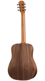The image shows the back view of a steel-string acoustic guitar with a dreadnought-style body made of dark wood, likely walnut or mahogany. It features a lighter wooden neck extending upward to a traditional headstock with six chrome tuning pegs in a 3+3 arrangement. The guitar exhibits quality craftsmanship with clean lines and solid wood construction, indicating a mid to high-end instrument.