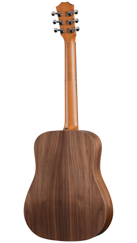 The image shows the back view of a steel-string acoustic guitar with a dreadnought-style body made of dark wood, likely walnut or mahogany. It features a lighter wooden neck extending upward to a traditional headstock with six chrome tuning pegs in a 3+3 arrangement. The guitar exhibits quality craftsmanship with clean lines and solid wood construction, indicating a mid to high-end instrument.
