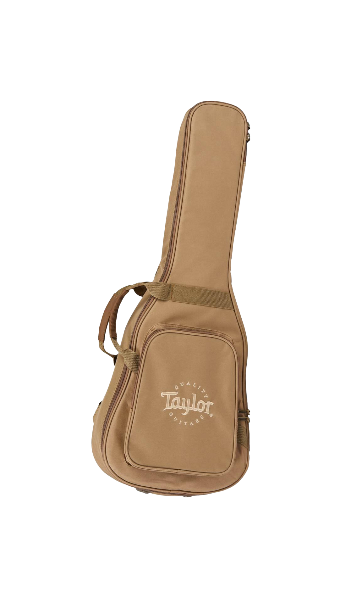 The image shows a tan Taylor guitar gig bag with the Taylor Guitars logo and "QUALITY GUITARS" text on the front pocket. This padded soft case features dual handles, shoulder straps, multiple compartments, and a full-length zipper. Made of durable material, it is designed to protect and transport acoustic guitars. Taylor is a well-known American guitar maker, and this lighter, portable gig bag is an accessory for their acoustic guitars.