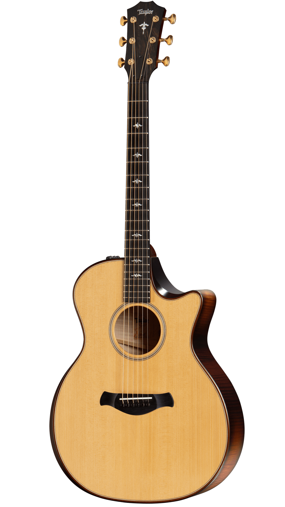 The image shows a beautiful Taylor acoustic guitar with a single cutaway and natural wood finish. It features six strings, gold tuning pegs, decorative bird inlays on the fretboard, and Taylor’s logo on the headstock. The guitar has a black pickguard and appears to be a Grand Auditorium body style, showcasing professional-grade craftsmanship typical of Taylor’s high-end models.