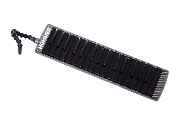 The image shows a melodica, a hybrid wind and keyboard instrument with a piano-style keyboard featuring black and white keys. It has a black and white checkered or carbon fiber-like case, a flexible black mouthpiece tube for comfortable playing, and "HOHNER" branding, indicating the German manufacturer. The melodica is played by blowing air through the mouthpiece while pressing keys, popular in music education and various genres.