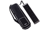 The image shows a black Hohner melodica with white and black piano-style keys alongside its black carrying case with white trim. The case has shoulder straps and a front pocket for easy transport. A flexible tube mouthpiece is attached to the melodica. This wind instrument produces sound by blowing air through the mouthpiece while pressing keys and is popular in music education and various genres for its portable, unique sound.
