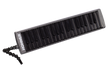 The image shows a melodica, a wind instrument with a piano-style keyboard of about 37 keys. It has a black flexible tube mouthpiece, a sleek black and silver/carbon fiber-look casing, and visible "ROCK" branding. Played by blowing air and pressing keys, it uses free reeds to produce sound. This modern model appears designed for professional use, popular in genres like reggae and educational music.