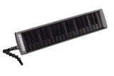 The image shows a melodica, a wind instrument with a piano-style keyboard of about 37 keys. It has a black flexible tube mouthpiece, a sleek black and silver/carbon fiber-look casing, and visible "ROCK" branding. Played by blowing air and pressing keys, it uses free reeds to produce sound. This modern model appears designed for professional use, popular in genres like reggae and educational music.