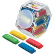 The image shows a set of colorful harmonicas labeled "Clearly Colorful Harmonica Set" inside a clear plastic container. Several individual harmonicas in bright red, blue, yellow, and green are displayed outside the container, revealing their rectangular shape with air holes. These basic diatonic harmonicas are likely beginner-friendly, suitable for music education or group activities, with the clear jar allowing easy storage and visibility.
