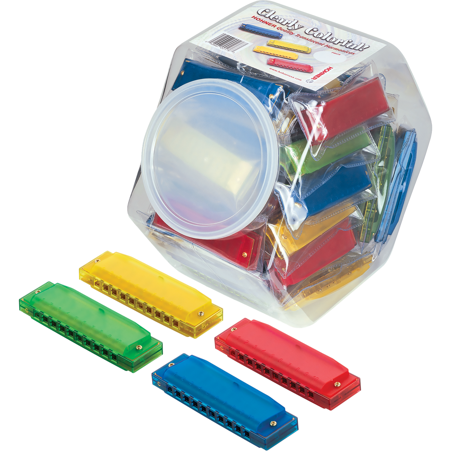 The image shows a set of colorful harmonicas labeled "Clearly Colorful Harmonica Set" inside a clear plastic container. Several individual harmonicas in bright red, blue, yellow, and green are displayed outside the container, revealing their rectangular shape with air holes. These basic diatonic harmonicas are likely beginner-friendly, suitable for music education or group activities, with the clear jar allowing easy storage and visibility.