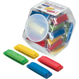 The image shows a set of colorful harmonicas labeled "Clearly Colorful Harmonica Set" inside a clear plastic container. Several individual harmonicas in bright red, blue, yellow, and green are displayed outside the container, revealing their rectangular shape with air holes. These basic diatonic harmonicas are likely beginner-friendly, suitable for music education or group activities, with the clear jar allowing easy storage and visibility.