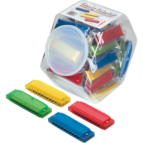 The image shows a set of colorful harmonicas labeled "Clearly Colorful Harmonica Set" inside a clear plastic container. Several individual harmonicas in bright red, blue, yellow, and green are displayed outside the container, revealing their rectangular shape with air holes. These basic diatonic harmonicas are likely beginner-friendly, suitable for music education or group activities, with the clear jar allowing easy storage and visibility.