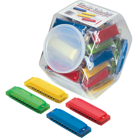 The image shows a set of colorful harmonicas labeled "Clearly Colorful Harmonica Set" inside a clear plastic container. Several individual harmonicas in bright red, blue, yellow, and green are displayed outside the container, revealing their rectangular shape with air holes. These basic diatonic harmonicas are likely beginner-friendly, suitable for music education or group activities, with the clear jar allowing easy storage and visibility.