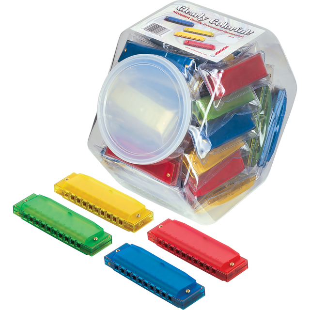 The image shows a set of colorful harmonicas labeled "Clearly Colorful Harmonica Set" inside a clear plastic container. Several individual harmonicas in bright red, blue, yellow, and green are displayed outside the container, revealing their rectangular shape with air holes. These basic diatonic harmonicas are likely beginner-friendly, suitable for music education or group activities, with the clear jar allowing easy storage and visibility.