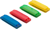 The image shows four colorful diatonic harmonicas arranged in a fan pattern. They have translucent plastic bodies in blue, red, green, and yellow, each with a standard 10-hole layout. Metal screws secure their covers, revealing internal reeds. These beginner-level harmonicas are portable and popular for learning blues, folk, country, and rock music.