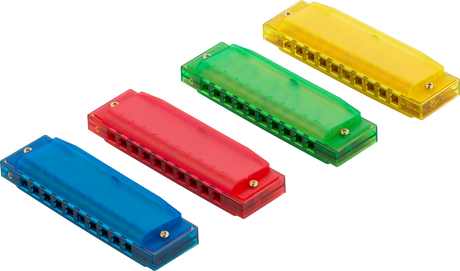 The image shows four colorful diatonic harmonicas arranged in a fan pattern. They have translucent plastic bodies in blue, red, green, and yellow, each with a standard 10-hole layout. Metal screws secure their covers, revealing internal reeds. These beginner-level harmonicas are portable and popular for learning blues, folk, country, and rock music.