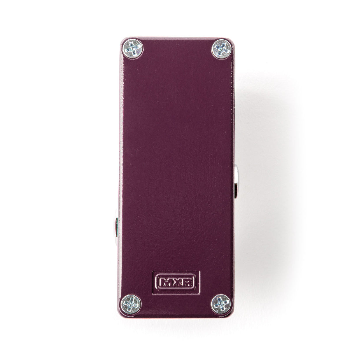 The image shows the bottom of an MXR guitar effects pedal with a deep purple metal enclosure. It features four chrome screws securing the plate and an embossed MXR logo. The pedal’s professional build reflects MXR’s quality. MXR produces various stompbox pedals used by guitarists to modify sound, including distortion, delay, and chorus effects, known for reliability and distinctive tones.