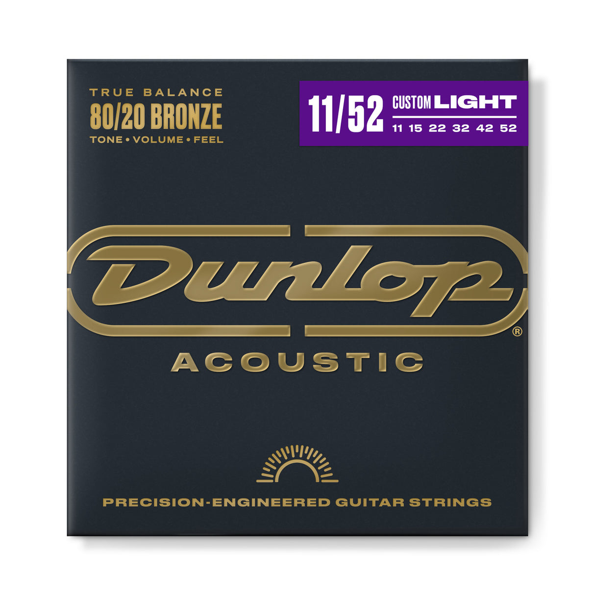 The image shows a package of Dunlop Acoustic guitar strings made with 80/20 Bronze for balanced tone, volume, and feel. It’s a Custom Light set (11-52 gauge) with precision-engineered strings (11, 15, 22, 32, 42, 52). The packaging features a dark charcoal background, gold Dunlop logo, and a purple accent bar highlighting the gauge, exuding a professional, premium look.