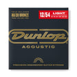 The image shows a package of Dunlop acoustic guitar strings made from 80/20 bronze (80% copper, 20% zinc) in a light gauge set (12-54). The packaging features Dunlop’s gold logo on a dark background with a red banner indicating string gauges. Marketed as "True Balance," these precision-engineered strings offer bright tone, volume, and easy playability, suitable for various playing styles.