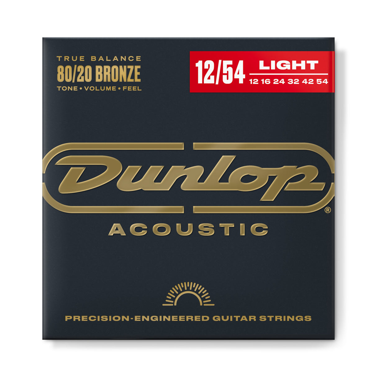 The image shows a package of Dunlop acoustic guitar strings made from 80/20 bronze (80% copper, 20% zinc) in a light gauge set (12-54). The packaging features Dunlop’s gold logo on a dark background with a red banner indicating string gauges. Marketed as "True Balance," these precision-engineered strings offer bright tone, volume, and easy playability, suitable for various playing styles.